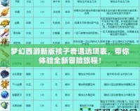 夢幻西游新版孩子奇遇選項表，帶你體驗全新冒險旅程！