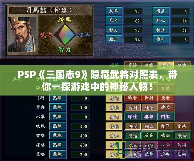 PSP《三國志9》隱藏武將對照表，帶你一探游戲中的神秘人物！